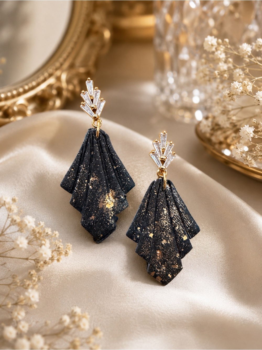 Elegant Black & Gold Fan Drop Earrings - Women Jewelry